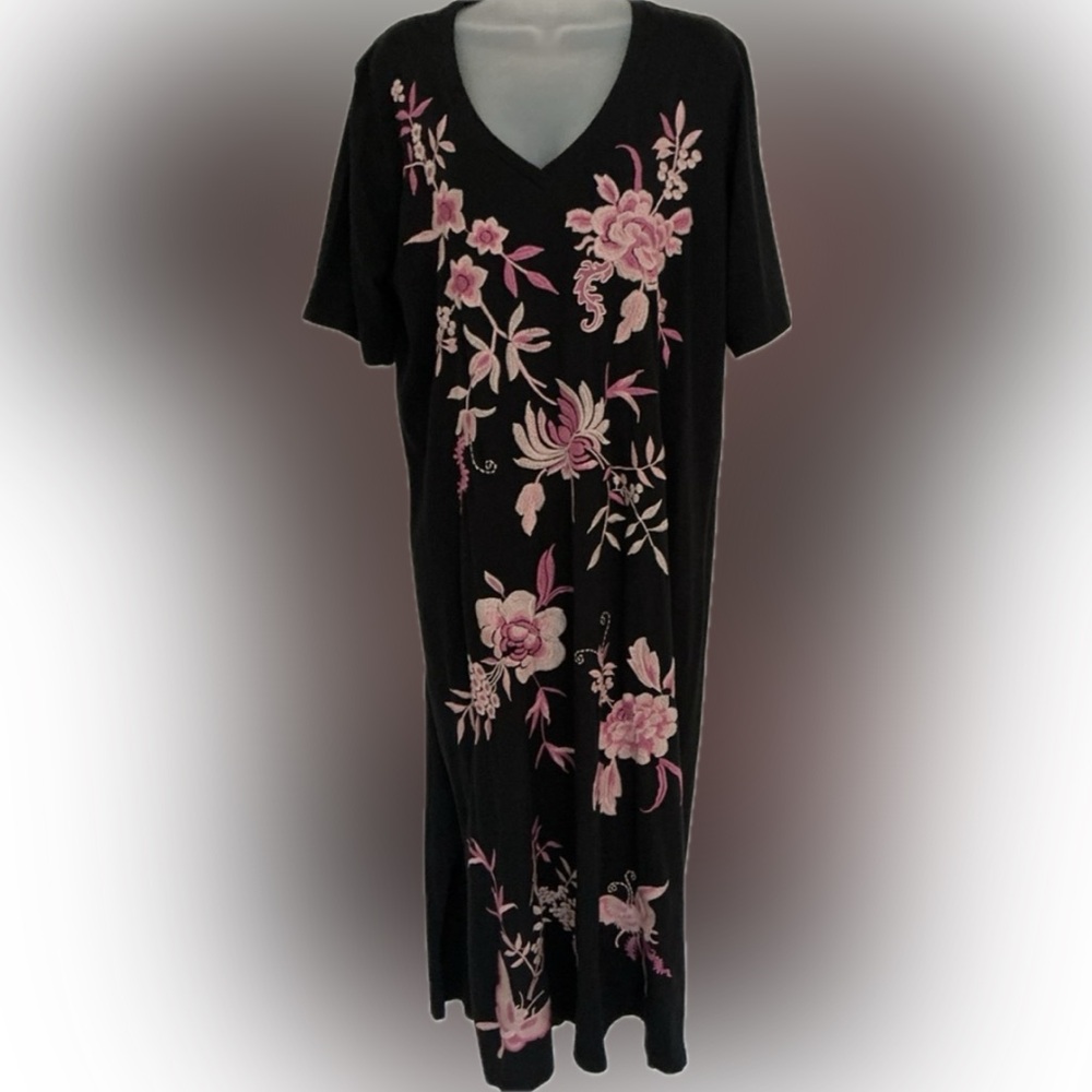 Johnny Was Black Maxi Dress with Pink Floral Embroidery - Picture 4 of 8